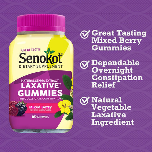 Senokot Dietary Supplement Laxative Gummies, Mixed Berry Flavor, Natural Senna Extract, 60 Count for Gentle Overnight