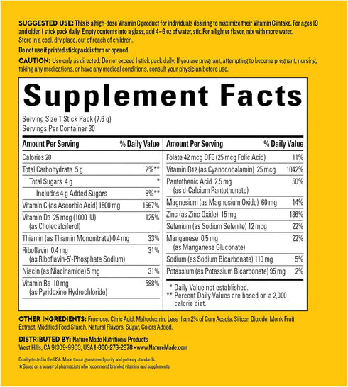 Nature Made Wellblends ImmuneMAX Fizzy Drink Mix, 30 Stick Packs - Vitamin C 1500mg, Zinc 15 mg, Vitamin D3 1000 IU, B