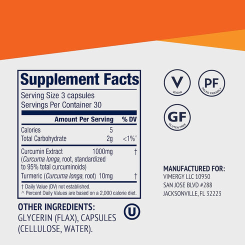 Vimergy Curcumin with Turmeric - 90 Count, 30 Servings – Immune System Supplement – Liquid Capsules, Non-GMO,