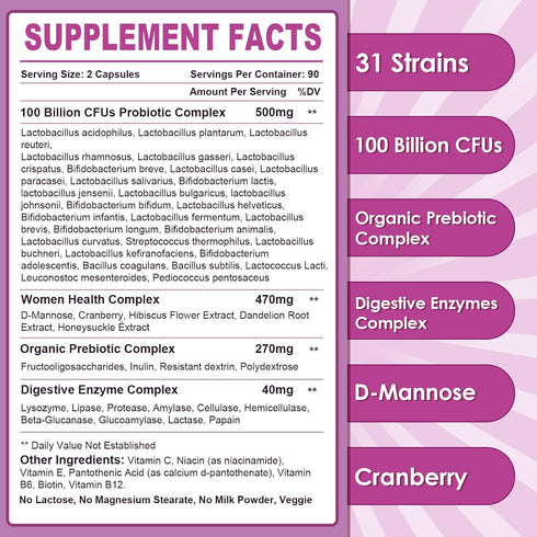 Probiotics for Women Digestive Health, 100 Billion CFUs, 180 Veggie Capsules with Digestive Enzymes