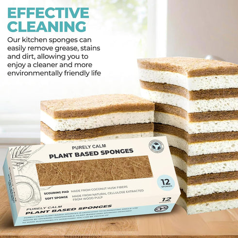 Pack 12 Plant Based Natural Sponge - of Cellulose Sponges, Safe on Non-Stick Cookware, Dual Sided Dish Sponge