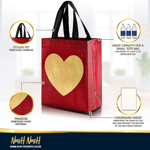 Nush Nush Red Gift Bags with Handles, 12 Pack Medium Reusable Goodie Bags for Party Favors, Birthday, Christmas, and