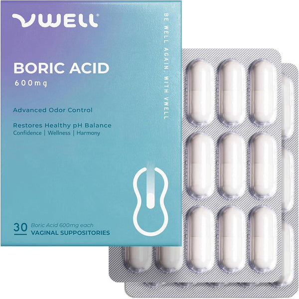 VWELL Boric Acid Vaginal Suppositories - Homeopathic Solution Maintains and Balances Healthy