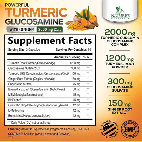 Turmeric Curcumin Supplement 2000mg with Glucosamine Chondroitin & Ginger - Nature's Joint Support, 180 Capsules