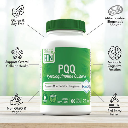Health Thru Nutrition PQQ 20mg 60 Servings Pyrroloquinoline Quinone as PureQQ | Promotes Mitochondrial Biogenesis | Certified Vegan | Non-GMO Gluten Soy Free Capsules| Clean Label PQQ Supplement
