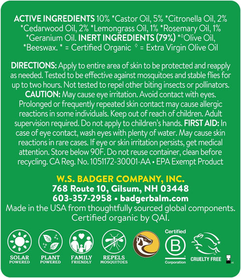 Badger Bug Repellent Stick 2 Pack, Non-DEET Mosquito Repellent with Citronella & Lemongrass, Easy Travel Size for Kids