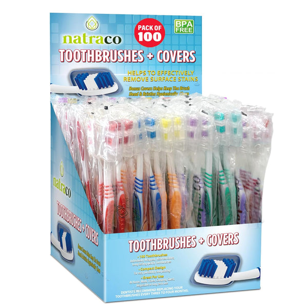 Bulk Toothbrush Pack with Covers, Premium Quality, Individually Wrapped Colorful Tooth Brushes, 100