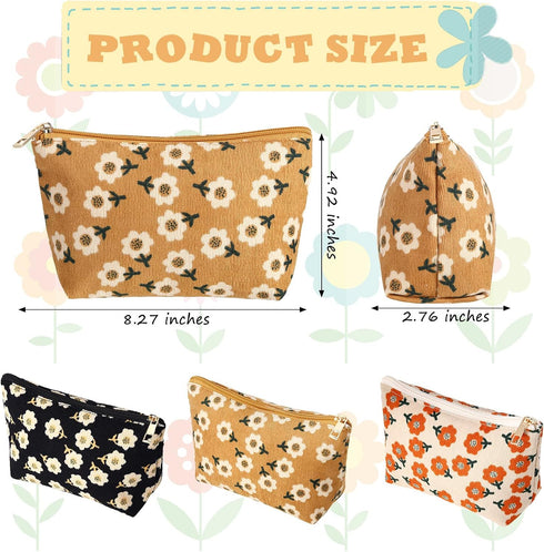 Photect 3 Pcs Floral Makeup Bag, Corduroy Small Pouch, Canvas Cosmetic Mini Toiletry Zipper Bags