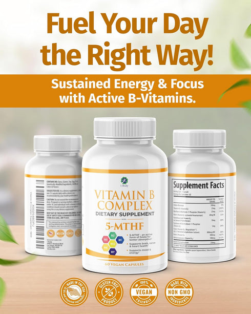 1 Body Vitamin B Complex, High Potency Methylated B12 & 5-MTHF Folate for Energy & Brain Support, 60 Capsules