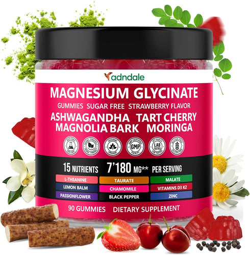 90ct 15-in-1 Pure Magnesium Glycinate Gummies 400 mg/serv - Calm Sleep Aid & Stress Relief with Ashwagandha, Tart