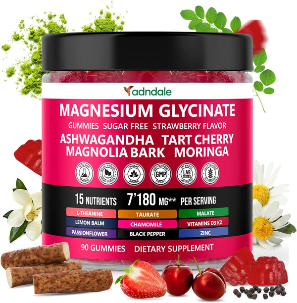 90ct 15-in-1 Pure Magnesium Glycinate Gummies 400 mg/serv - Calm Sleep Aid & Stress Relief with Ashwagandha, Tart