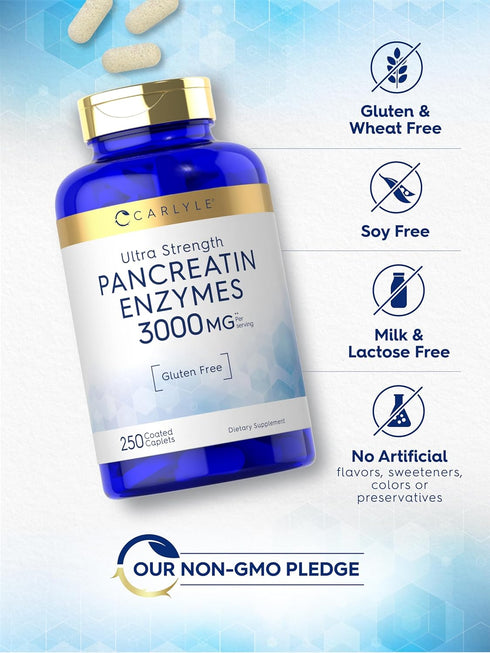 Carlyle Pancreatin Digestive Enzymes, 3000mg, 250 Caplets, Non-GMO, Gluten Free, High Potency Formula