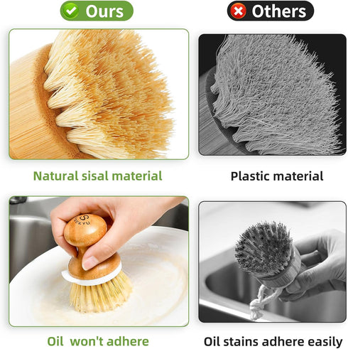 Set Set 2 SUBEKYU Dish Brush, Bamboo Dish Scrubber Brush with Tray, Natural Kitchen Dishwashing Scrub Brush