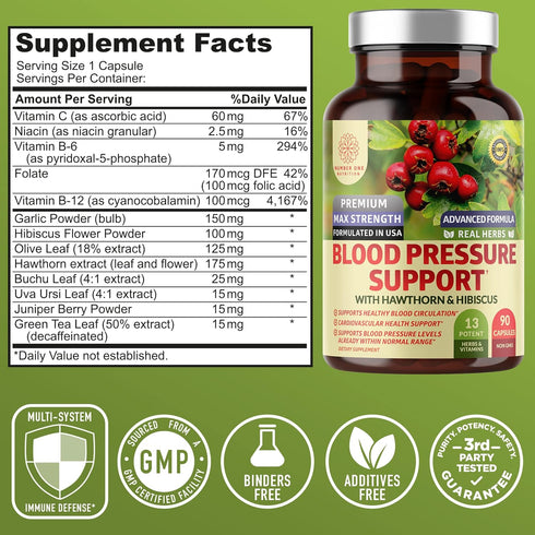 2-Pack N1N Premium Blood Pressure Support with Hawthorn & Hibiscus - Natural Supplement for Cardio Health, 180 Caps