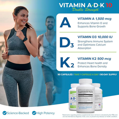 Power By Naturals ADK Vitamin Supplement: High Potency Vitamin A, D3 & K2, 10000 IU for Heart, Immune & Strength, 90