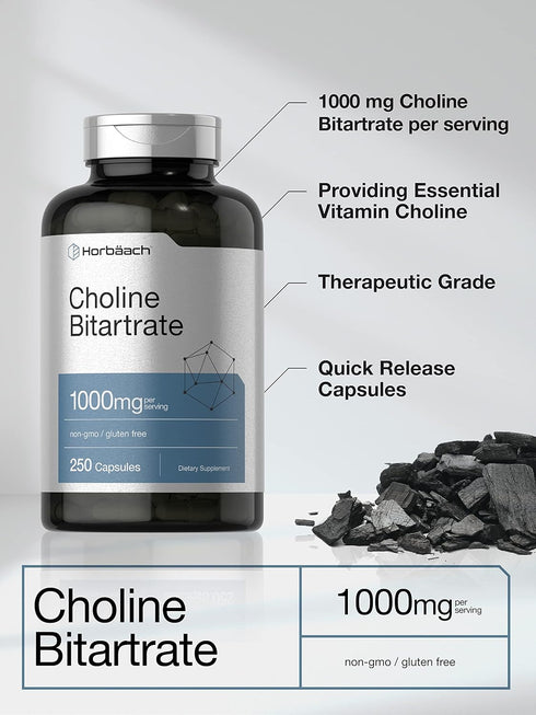 Horbaach Choline Bitartrate Supplement, 1000mg, 250 Capsules, Non-GMO, Gluten Free