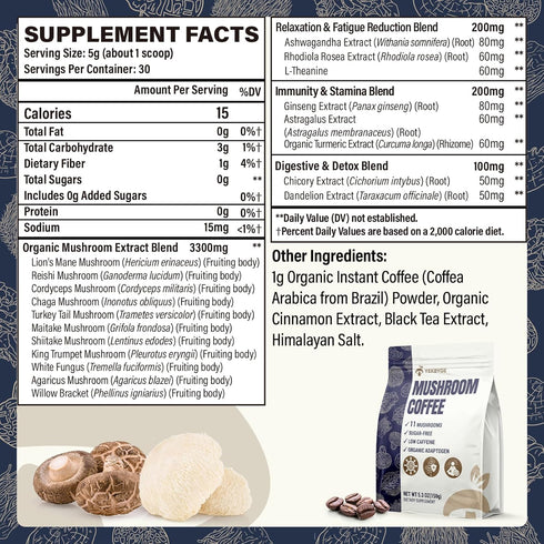 YEKBYOE 11 5.3oz Mushroom Coffee, Superfood Mushrooms includes Lion's Mane, Reishi, Chaga & Ashwagandha, Instant
