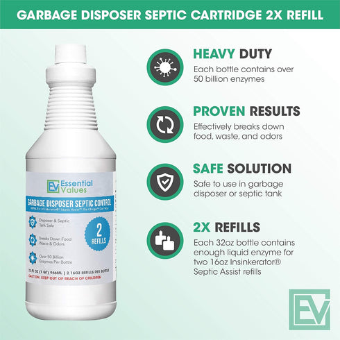 Essential Values 2X Refill Septic Treatment Solution for InSinkErator Septic Assist Bio Charge Models, Tank Cleaner