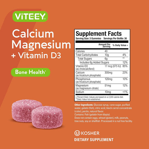 Calcium Gummies with Vitamin D3 & Magnesium - Chewable Fruit Flavored Supplements for Bone Health, 60 Count