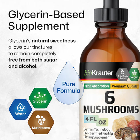 BIO KRAUTER 6-in-1 Mushrooms Supplement - Liquid Extract of Lions Mane, Shiitake, Turkey Tail, Cordyceps, Reishi &