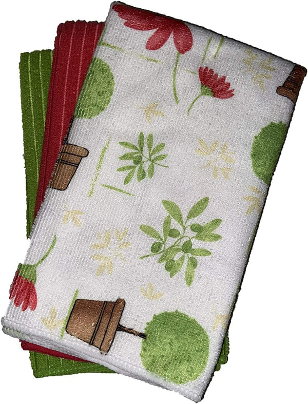 Set of 6, Flower Design Microfiber Kitchen Towels/Bar Mop, Ultra-Absorbent & Fast