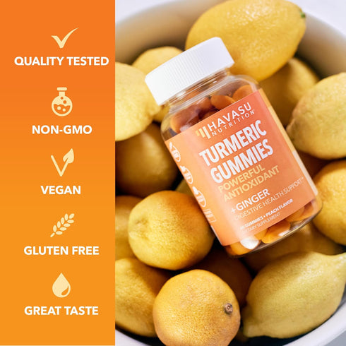 Turmeric and Ginger Gummies for Adults - 60 Vegan Gummies in Peach Flavor for Immune Support and Joint Health