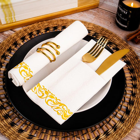 KAMMAK 100 Pack (16 16 inch) White Dinner Paper Napkins with Pocket Disposable Yellow Trim Linen Feel Wedding Reception