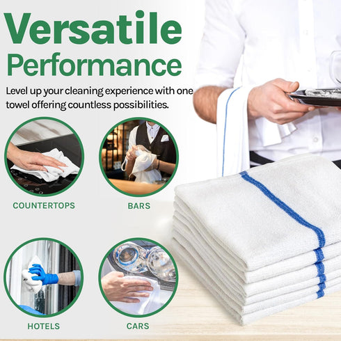 24 Blue Stripe Cleaning Towels, 16x19 Bar Mop Dish Towels, 30oz Commercial Grade Cotton for Home and Restaurant