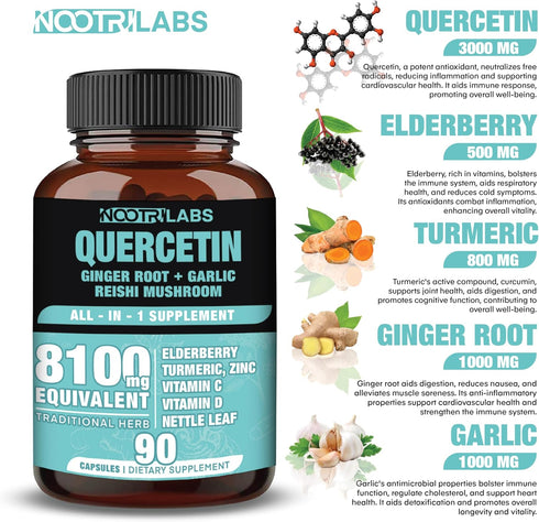 All-in-1 8100mg Highest Potency Quercetin, Elderberry, Turmeric, Vitamin C, D, Ginger Root, Zinc - Immune Health Support