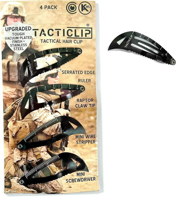 Tactical Hair Clips 4 Pack - Black Multitool Snap Barrettes with Laser Engraved Design