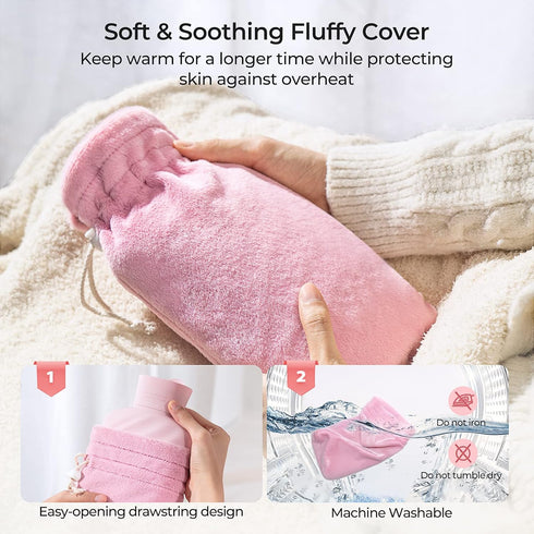 Microwaveable Silicone Hot Water Bottle with Cover (1 Liter), MEETRUE BPA-Free Hot Water Bag for Pain Relief, Hot &