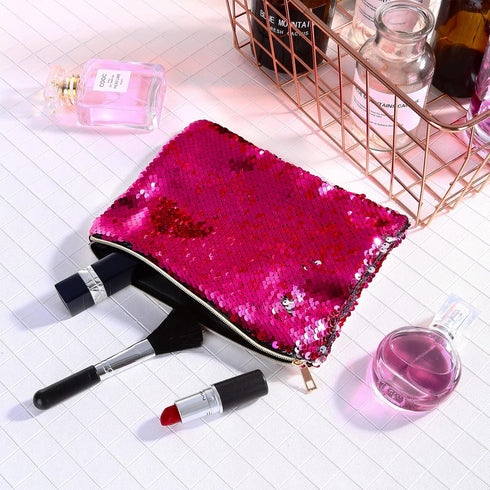 Tatuo 4 Pcs Glitter Sequin Makeup Bag - Rainbow Iridescent Small Reversible Cosmetics Pouch for Women