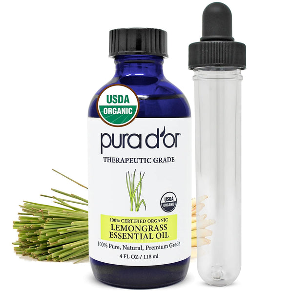 PURA D'OR Organic Lemongrass Essential Oil - 4oz Therapeutic Grade for Hair, Body, Skin, Aromatherapy