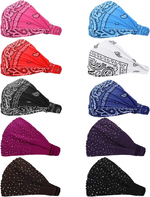 WILLBOND 10 Pcs Non Slip Wide Bandana Headbands for Women, Elastic Boho Bling Rhinestone Hair Accessories for Sports