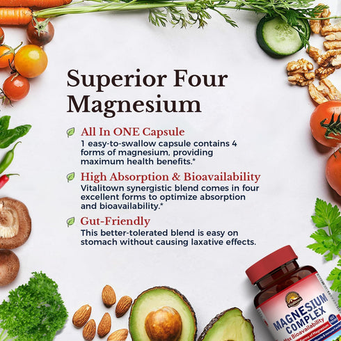 Vitalitown Magnesium Complex Supplement 500mg - Chelated Magnesium Glycinate, Malate, Taurate & Citrate - 120 Capsules
