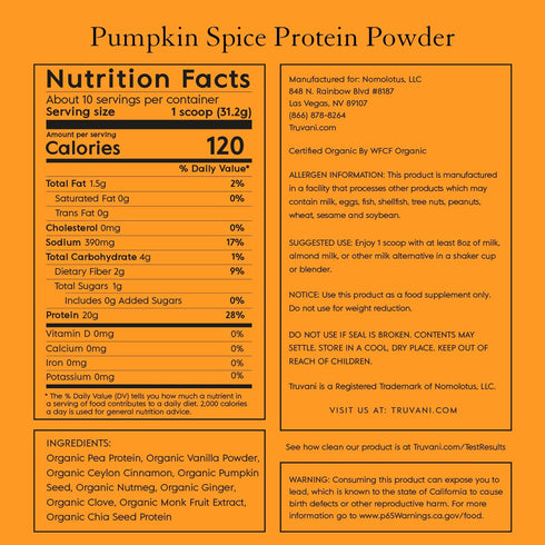 Truvani Vegan Pea Protein Powder | Pumpkin Spice | 20g Organic Plant Based Protein | 10 Servings | Gluten & Dairy Free