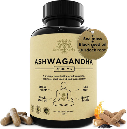 Organic Ashwagandha Root & Irish Sea Moss – 3,600 mg Ashwagandha Supplement with Black Seed Oil & Burdock Root – 60