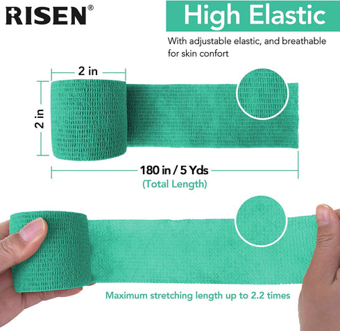RISEN Cohesive Bandage 2” x 5 Yards, 6 Rolls, Self Adherent Medical Tape for First Aid and Athletic Use