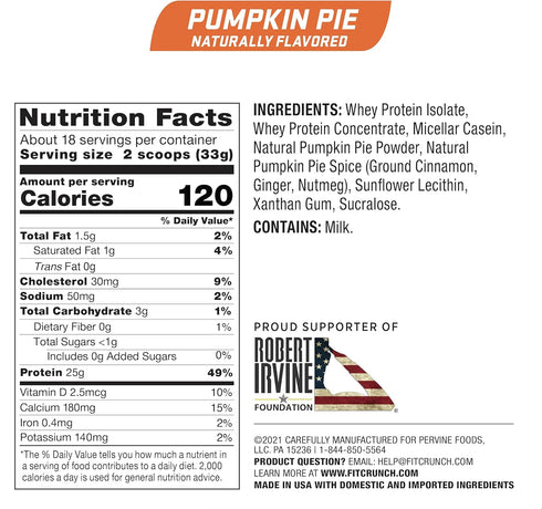 FITCRUNCH Tri-Blend Whey Protein, Pumpkin Pie Flavor, Keto Friendly, Low Calories, High Protein, Gluten Free (18