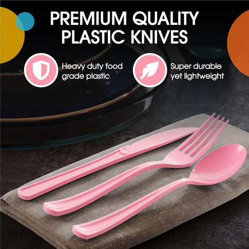Exquisite Disposable Pink Plastic Knives, 50 Pcs Heavy Duty Cutlery, Pink Disposable Flatware for Parties