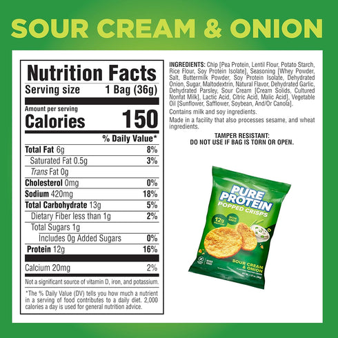 Popped Crisps Sour Cream & Onion Gluten Free Non-GMO High Protein Snack 12g Protein 12 Count