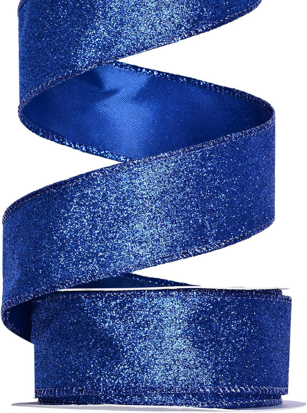 Blue Glitter Wired Ribbon, 1-1/2 Inch, 10 Yard for Christmas Tree Wreath Decoration and Gift Wrapping