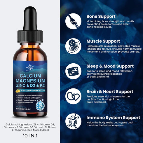 (2 Pack) 10 in 1 Calcium Magnesium Zinc D3 K2 Supplement, Liquid Drops with Vitamin D Vegan Calcium Citrate Magnesium Glycinate, Bone & Immune Support, Sleep & Leg Cramps, L-Theanine Boron, 1 Fl Oz