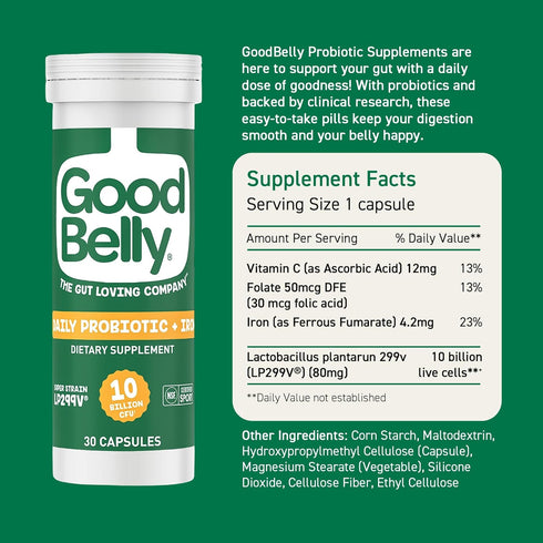 GoodBelly Probiotic Capsules for Digestive Health & Iron Absorption, Vegan Supplement with 10 Billion Cultures, 30