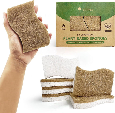 Natural Kitchen Sponges, Pack of 6, Cellulose & Coconut Dish Sponge, Odor Free, Eco-Friendly for Washing