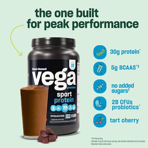 Vega Premium Sport Protein Chocolate Protein Powder - Vegan, Non-GMO, Gluten-Free Plant-Based Drink Mix, 29.5 oz