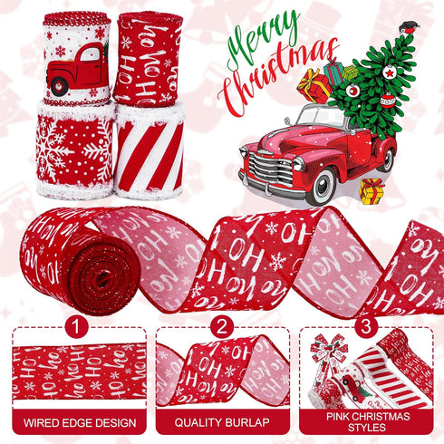 AnyDesign 24 Yards Christmas Wired Edge Ribbon, Red White Xmas Snowflake Truck Fabric Craft Ribbon for Gift Wrapping, 4