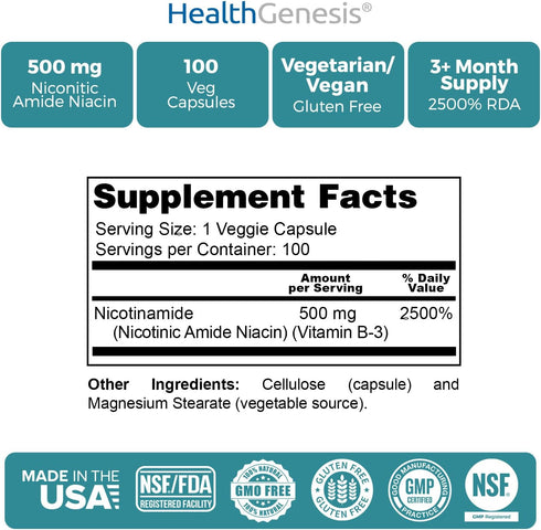 B-3 Nicotinamide 500 mg 100 Vcaps - Natural Flush-Free Vitamin Formula for Skin Cell Health
