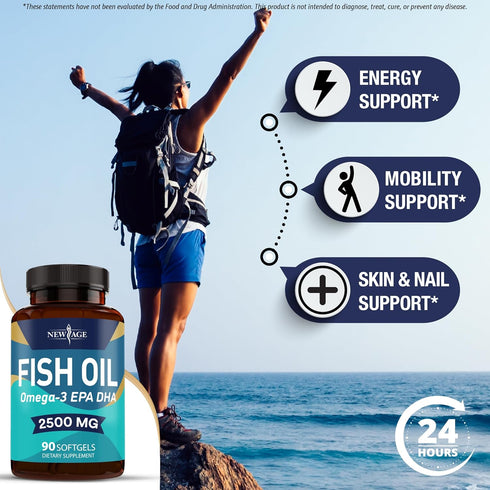 NEW AGE Omega 3 Fish Oil 2500mg Supplement - Non GMO, EPA, DHA Fatty Acids, Gluten Free (180 Softgels)