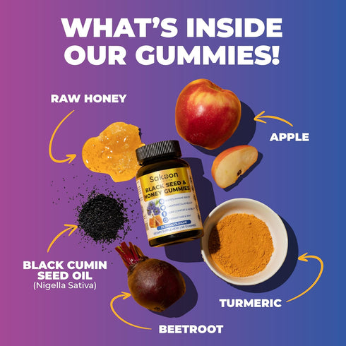 Sakoon Nutrition Black Seed Oil Gummies with Honey, 2%+ THYMOQUINONE, Super Antioxidant for Immune Support, 60 Gummies